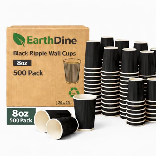 EarthDine Black Ripple Paper Coffee Cups, 8oz, Triple-Layer Insulated, Leak-Resistant, 500-Pack, Premium Disposable Cups for Hot & Cold Drinks with Matte Texture for Cafes, Homes & Offices