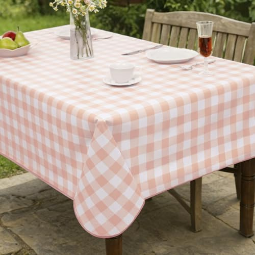 FIBORIA Pastel Pink Vinyl Table Cloth Outdoor Gingham Wipe Clean Waterproof Rectangular 140×200 cm, Heavy Duty PVC Oilcloth for Easter Brunch, Spring,Summer Patio,Girls Birthday,Wedding,Anniversary