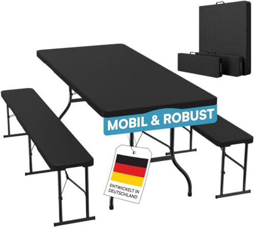 STEELSØN Zennar Bierzeltgarnitur 3-TLG Schwarz – Gartenmöbel Set mit Klapptisch & 2X Bank – Biertischgarnitur klappbar aus Kunststoff – Festzeltgarnitur mit Tragegriffen – Sitzgarnitur für 8 Personen