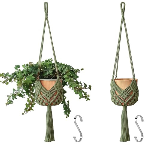 Muorruo 2-Pack Hanging Plant Holders with Patterns, Macrame Plant Hangers for Indoor and Outdoor, Macrame Plant Hangers for Pots up to 20 cm Diameter, Dark Green