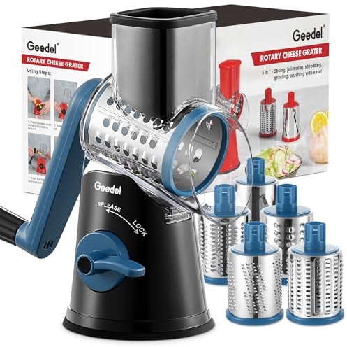 Geedel Käsereibe, Reibe für Gemüse, Gemüseschneider Trommelreibe mit kurbel | 5 Edelstahlklingen, 12x Schneller Schneiden, Starker Saugfuß, Spülmaschinenfest, Ergonomisches, No BPA, für Käse Gemüse Nüsse