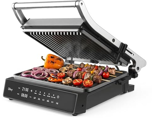 Olvy Grill Elettrico a Contatto 2000W PFAS Free Piastra Antiaderente Rimovibile 5 Programmi Automatici Apertura 180° Termostato Timer Panini Carne Verdure