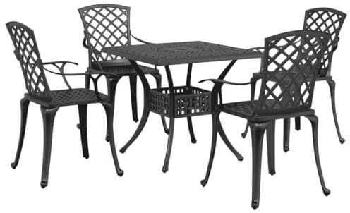 QJBSAVVA 5-TLG. Garten-Essgruppe Schwarz, Sitzgruppe aus Aluminiumguss für Terrasse und Garten, Gartengarnitur mit quadratischem Tisch 80x80 cm und 4 Gartenstühlen mit Armlehne