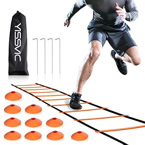 Yissvic Koordinationsleiter und Kegel, 6 m, 12 verstellbare Sprossen, Fitness-Speed-Trainingsgerät Gold