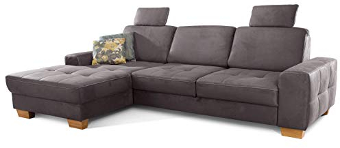 Cavadore Ecksofa Puccino mit Federkern, Schlaffunktion, verstellbarer Sitztiefe und 2 Kopfstützen / Sofa in L-Form im Landhaus Design / 281 x 86 x 178 cm / Mikrofaser grau