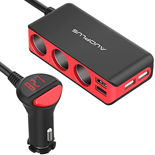 AUOPLUS 120W 3 Socket Cigarette Lighter Splitter Car Charger Adapter, LED Voltage Display Dual 4 USB Chargers(6.8A), Car Charger On/Off Switches 12V for iPhone iPad Samsung GPS Dashcam