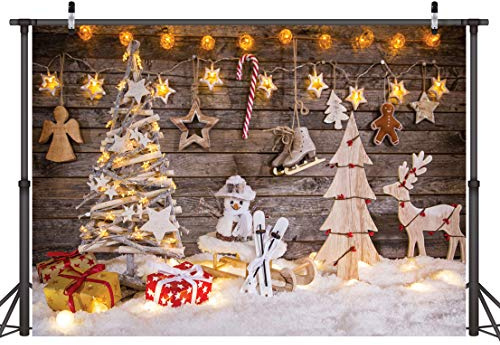 LYWYGG CP-100 7x5FT Fondos de Fotografía de Navidad Christmas Theme Telones de Fondo Madera Ciervo Estrellas Brillantes Árbol de Navidad Vacaciones para Niños
