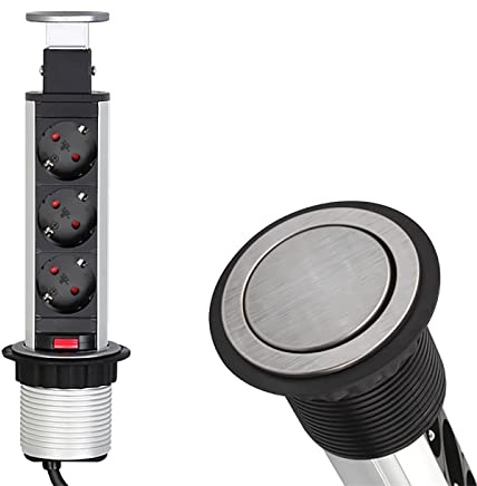 Lumonic LiftBox 3X Schuko Steckdose Tischsteckdose Edelstahl I 3 Steckdosen mit 230V im Tower max. 3600W I Mit Bohrloch-Größe 107mm Ideal für den Einbau