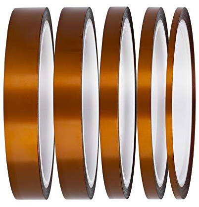 Hitzebeständig Klebeband, Hochtemperatur Kapton-Klebebänder, Polyimid 3 mm, 6 mm, 8 mm, 12 mm, 15 mm zum Maskieren, Übertragen, Sublimieren, 3D-Drucken (5er-PACK)