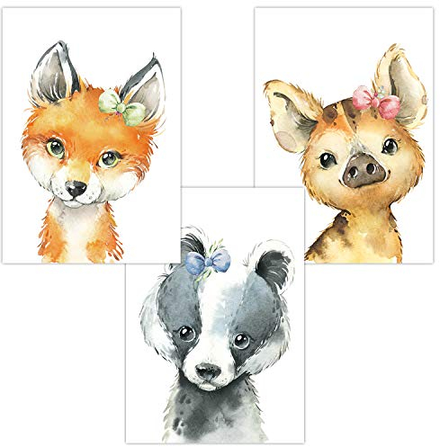 Olgs Kinderzimmer Bilder 3er Set | Poster Deko Wandbilder | Wandposter DIN A4 Waldtiere | Wanddeko für Babyzimmer Mädchen Junge | Im Wald Fuchs Dachs Wildschwein
