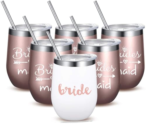 Bride to Be Champagne Flute | 12 oz Bride Tribe Stainless Steel Wine Tumblers | Engagement Wedding Gifts Bridesmaids Mugs Bachelorette Party Supplies & Games | Insulated Skinny Rose Gold Cups