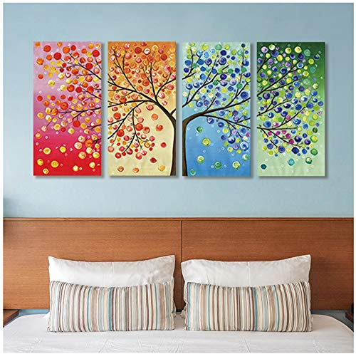 HSFFBHFBH Bild auf Leinwand Bunte Glücksbaum drucken Vier Jahreszeiten Leben Baum Familie Poster Blatt Baum Home Decor Wandkunst Gemälde 50x100cm (20 x39) x4 Kein Rahmen
