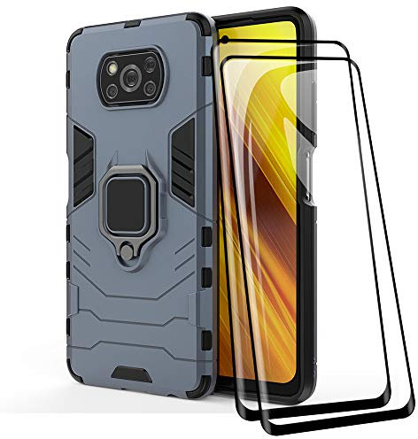 TANYO Funda + [2 Piezas] Protector de Pantalla para Xiaomi Poco X3 Pro | X3 NFC, TPU/PC Antigolpes Armor Protección Carcasa [360° Soporte] con 9H Dureza Vidrio Templado Protector, Azul