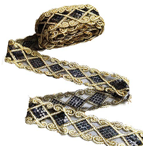 Qililandiy 10 Yards Spitze Borten mit Pailletten Einfassborte Borte Band Applikation 9m x 5cm für Kleidung Gardine Vorhang Tischläufer DIY Deko Schwarz-Gold