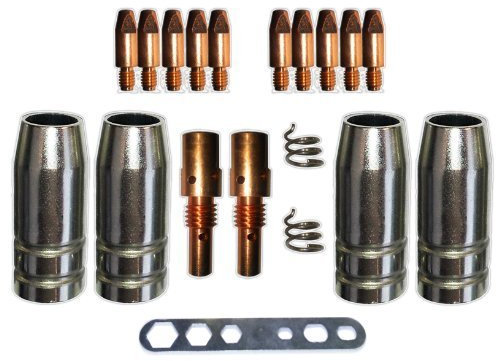 MIG/MAG Verschleißteile Set MB25 mit schraubbaren Gasdüsen, Düsenstöcken, Stromdüsen 0,8mm, Schlüssel für MB 25, SB 25, TBI250, Tops 250, Ergoplus 25, Ergoplus 250 Brenner & viele andere baugleiche