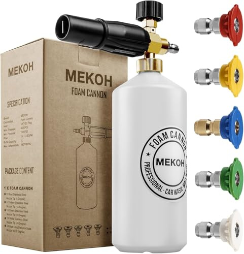 MEKOH 1 Liter Adjustable Foam Cannon Snow Foam Lance with 1/4 Quick Connector 5 Pressure Washer Nozzles for Car Detailing Cleaning White