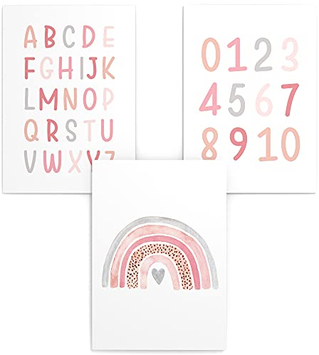 Papierschmiede® Kinderposter 3er Set Lernposter, DIN A4 (21x30 cm) Wanddeko, Geschenk für Mädchen Kinderzimmer Vorschule| Alphabet Buchstaben, ABC Zahlen Regenbogen rosa
