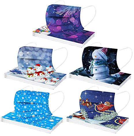 AmyGline 50 Stück Mundschutz Weihnachten Erwachsene Einweg 3-lagig mit Weihnachtsmotiv Bunt Mund und Nasenschutz Atmungsaktiv Weihnachtsmaske Mund-Tücher Halstuch Bandana Schals
