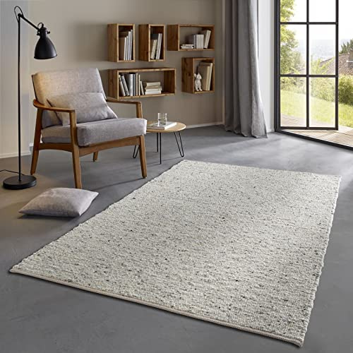 Taracarpet Skandi Landhaus Teppich Hand-Web-Teppich aus hochwertiger Schurwolle 2700 Gramm/qm beidseitig legbar echte Handarbeit Natur grau Meliert 130x200 cm