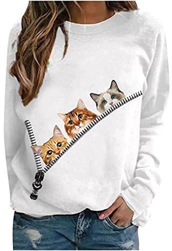 2022 Camiseta de Manga Larga Mujer, Moda Gato impresión Blusa Cuello Redondo Camisa Basica Camiseta Slim Fit Primavera Tops Casual T-Shirt Elegante Fiesta Original Pull-Over Sudadera tee