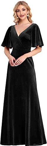 Ever-Pretty Vestito da Cerimonia Linea ad A Velluto Scollo a V Abiti da Sera Donna Nero 48