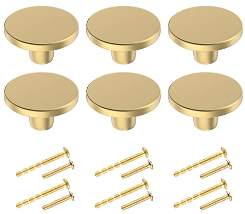 BIGLUFU 6 Pièces Boutons de Tiroir, Boutons de Meubles en Or, Poignee de Porte Ronds, Boutons Armoire Dorés en Laiton, Avec Vis tronçonnables pour Commode, Armoire, Meuble (20mm*30mm)