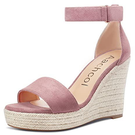 Aachcol Femmes Compensé Sandales Lanières Cheville Ouvert Bout Haut High Talon Heel Classique Cute Dress Chaussures 10 CM Rose 2 Suède 40 EU