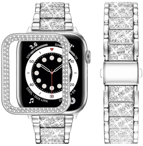 wutwuk Compatible Apple Watch Straps 41mm Women Metal Sparkling iWatch band with Bling Case, Replacement Diamond Rhinestone Glitter Wristband for Apple Watch Series 9 8 7-Silver 41mm
