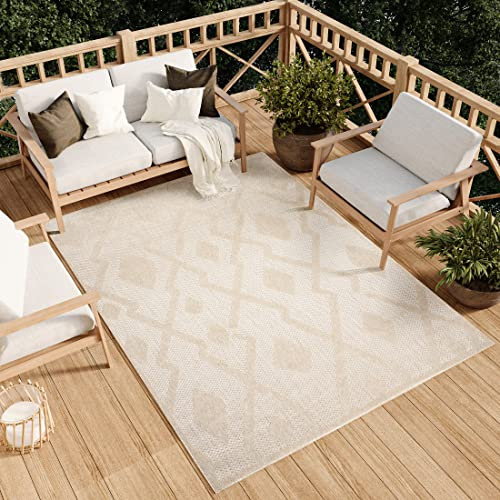 TAPISO Viera Teppich Outdoor Creme Figuren Loop-Teppich Terasse Balkon Indoor Wasserabweisend Strapazierfähig UV-Beständig ÖKO-TEX 140 x 200 cm