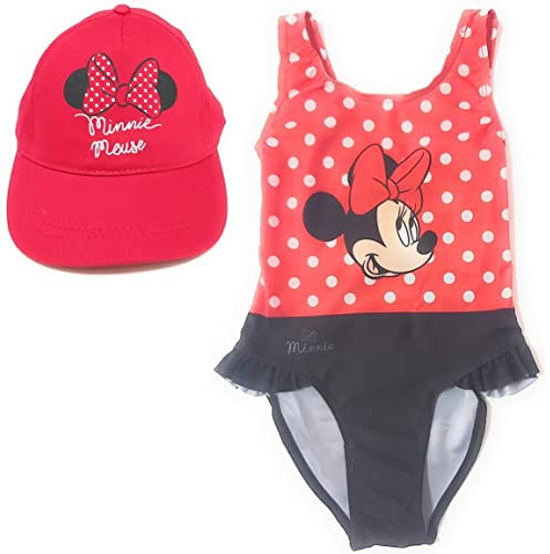 Minnie Mouse Disney Badeanzug für Strand oder Pool + Disney-Kappe für Mädchen | Badeanzug mit Rüschen und verstellbarer Mütze Minnie Mouse Disney, rot, 6 Jahre