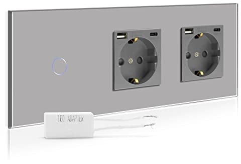 BSEED Dimmer Schalter mit Doppel USB Steckdose Anschluss (Max. 2.1A) Typ C Port 1 Fach 2 Wege Led Dimmer Schalter mit Touchscreen Wandsteckdosen mit USB Steckdose Touch Lichtschalter Grau