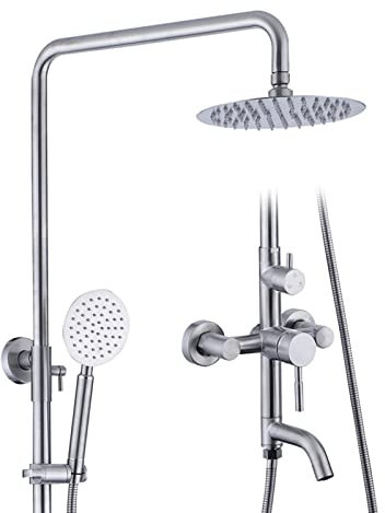 WPHH Duschsystem Mit Wannenauslauf, Duschset Aus Gebürstetem Edelstahl Mit Regenduschkopf Und Handbrause, Badezimmer Duscharmatur Mit Höhenverstellbarer Schiebestange