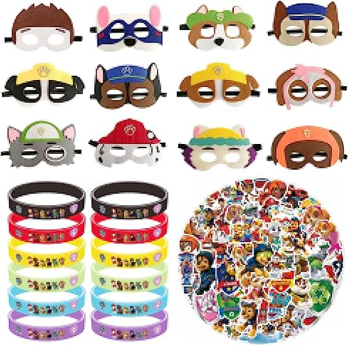 Newtic Dog Patrol Favores de Fiesta, Paquete de 74 de Dog Patrol para fiestas de cumpleaños, incluye 12 pulseras de silicona, 12 máscaras de fieltro y 50 pegatinas, Regalo de Cumpleaños para Niños