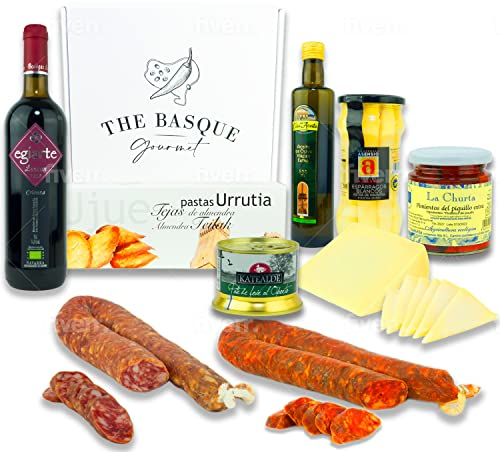THE BASQUE Gourmet Set Regalo Natalizio - Cesto per Natale con Vino, Formaggio, Asparagi, Olio Extravergine, Peperoni Piccanti, Paté, Biscotti alle Mandorle, Salsiccia - Regalo Di Lusso- Lotto 4