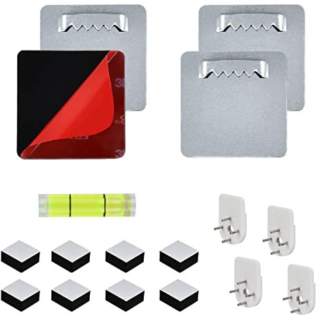 4 Set Self-Adhesive Picture Hanger without Drilling, Picture and Mirror Holder,Picture Hooks for Hard Walls, No Drilling Picture Hangers, Mounting Set for Hanging with Mini Spirit Level