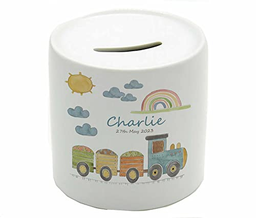 Personalised Baby Boy Money Box – Ceramic My First Savings Pot – Christening, 1st Birthday, Newborn Gift UK- More Designs (Choo Choo)