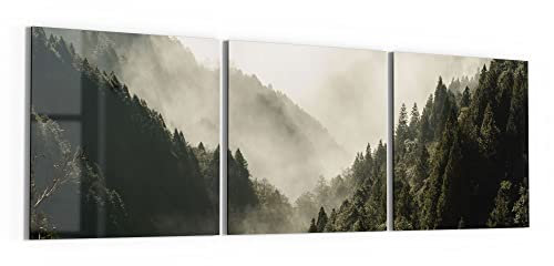 DEQORI Glasbilder Acrylglas | Motiv Nebel in den Bergen | horizontal 3-teilig 150x50 cm | große XXL Deko | Wandbilder für Wohnzimmer, Schlafzimmer, Flur & Küche | moderne Wanddeko