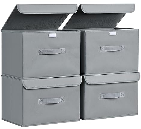 DIMJ 4-Pack Foldable Storage Box | Stackable Bin with Handles | Large Size, Grey, Collapsible Space-Saver for Closet/Shelves | Multi-Purpose Storage (Toys/Clothes/Books) | Heavy-Duty Reinforced Design
