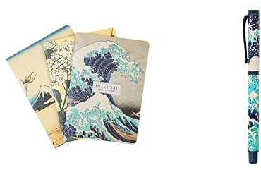 Kokonote Hokusai Die große Welle vor Kanagawa 3er Pack Notizbücher A6-1 Notizbuch Liniert 1 Notizbuch Dotted 1 Notizbuch Blanko + Kugelschreiber Schwarz mit Geschenkbox