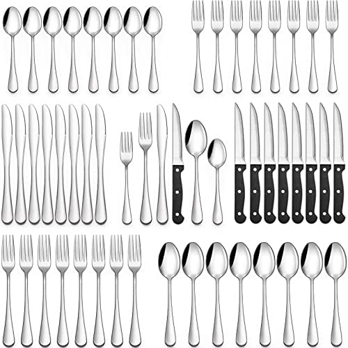 Couverts De Table 8 Personnes, Menagere 48 Pieces Set De Couvert Qualité Alimentaire Inox Ménagère Service Ensemble Fourchettes Couteaux Cuisine Cutlery Set, Finition Miroir, Lave-Vaisselle (Argent)