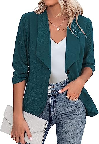 Zeagoo Longblazer Damen Elegant Business Revers Jacke Sportlich Blazer mit Faltigen Ärmeln für Arbeit Büro Freizeit Dunkel Grün L
