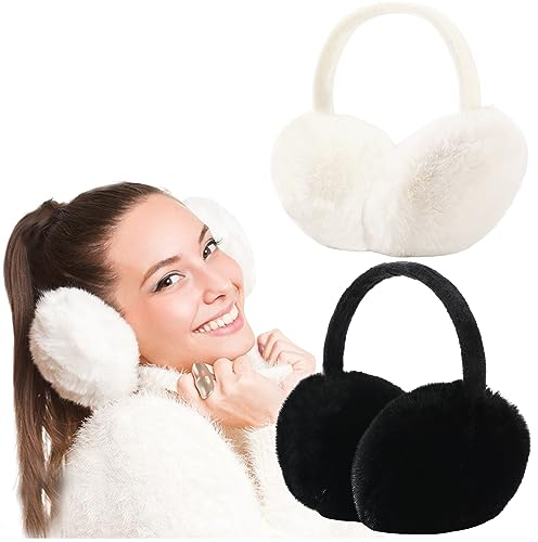 FSMILING Cache-oreilles réglables en peluche chaude pour femmes, filles et hommes, noir et blanc, taille unique