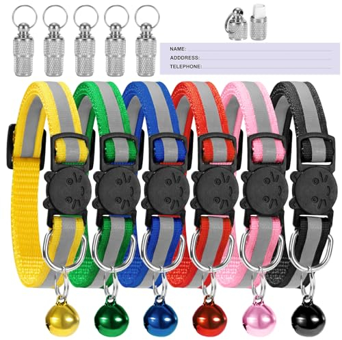 Katzenhalsband mit Adressanhänger Reflektierende Cat Collar mit Glocke und Sicherheitsverschluss Verstellbar Katzen Halsbänder für Katze, Welpe 12 Stück