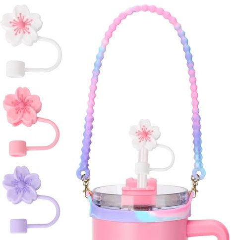 Eoopoon 1Pcs Water Bottle Handle and 3Pcs Straw Cover Caps for Stanley Cup, Silicone Water Bottle Sling, 0.4in Silicone Straw Covers for Stanley 30&40 Oz Tumbler, Stanley Cup Accessories(Mix Pink)