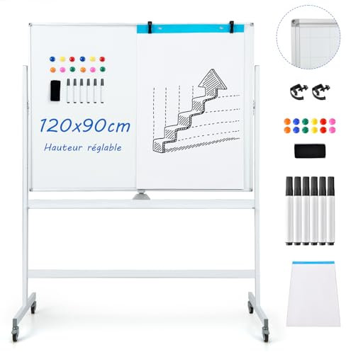 COSTWAY Tableau Blanc Effacable sur Pied 120x90cm, Double Face Quadrillé, Tableau Blanc Mobile Magnétique, 2 Hauteurs Réglables, Cadre en Métal, 12 Aimants, 6 Stylos, pour École, Bureau (Blanc)