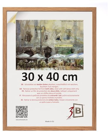 3-B Bilderrahmen MEGA - Braun (Eiche mit optisch sanfter Holzmaserung) - 30x40 cm - Holzrahmen, Fotorahmen, Dokumentenrahmen mit Acrylglas