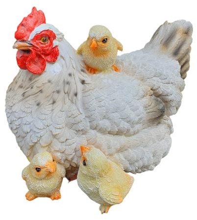 Aspinaworld wetterfeste Gartenfigur für außen, sitzende weiße Huhn mit Küken Figur 25 cm, Dekofigur Garten, Gartendeko aus Kunstharz