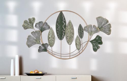 GILDE Wandrelief Ginkgokranz Metall grün gewischt glänzend Ginkgomotiv 60x120x5cm Wanddeko Kunst Dekoration Wohnzimmer