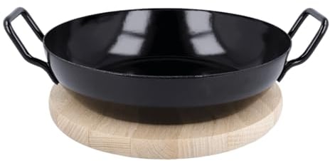 EUROHOME Schlemmerpfanne mit Holzteller - Pfanne mit zwei Griffen Ø20 cm - Schnitt- & kratzfeste beschichtete Servierpfanne - Hitzebeständige Schmorpfanne für gleichmäßiges Braten