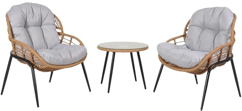 Mendler Poly-Rattan Garnitur HWC-N33, Balkon-Set Gartengarnitur Sitzgruppe Stuhl Beistelltisch - naturfarben, Polster hellgrau